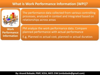 By: Anand Bobade; PMP, SCEA, MCP, CIW (nmbobade@gmail.com)
Project team status meeting
WPD -> Example
No of activities started,
finished
Work completed,
money spent.
Number of defects found,
the rejection rate
Risk status; new risks,
effectiveness of risk
response plan
Control Schedule –
identify delay
Control Cost – Analyses
cost of completed work
vs money spent
Control Quality – analyse
data & control quality
Control Risks – analyse
risk data & re-
asses/control risks
Monitoring & Controlling PG
 