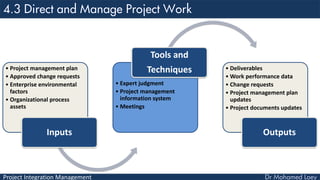 Project Integration Management
• Project management plan
• Approved change requests
• Enterprise environmental
factors
• Organizational process
assets
Inputs
• Expert judgment
• Project management
information system
• Meetings
Tools and
Techniques • Deliverables
• Work performance data
• Change requests
• Project management plan
updates
• Project documents updates
Outputs
 