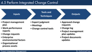 Project Integration Management
Inputs
• Project management
plan
• Work performance
reports
• Change requests
• Enterprise
environmental factors
• Organizational
process assets
Tools and
Techniques
• Expert judgment
• Meetings
• Change control tools
Outputs
• Approved change
requests
• Change log
• Project management
plan updates
• Project documents
updates
 
