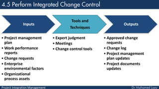 Project Integration Management
Inputs
• Project management
plan
• Work performance
reports
• Change requests
• Enterprise
environmental factors
• Organizational
process assets
Tools and
Techniques
• Expert judgment
• Meetings
• Change control tools
Outputs
• Approved change
requests
• Change log
• Project management
plan updates
• Project documents
updates
 