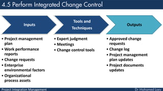 Project Integration Management
Inputs
• Project management
plan
• Work performance
reports
• Change requests
• Enterprise
environmental factors
• Organizational
process assets
Tools and
Techniques
• Expert judgment
• Meetings
• Change control tools
Outputs
• Approved change
requests
• Change log
• Project management
plan updates
• Project documents
updates
 