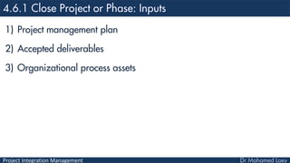 Project Integration Management
1) Project management plan
2) Accepted deliverables
3) Organizational process assets
 