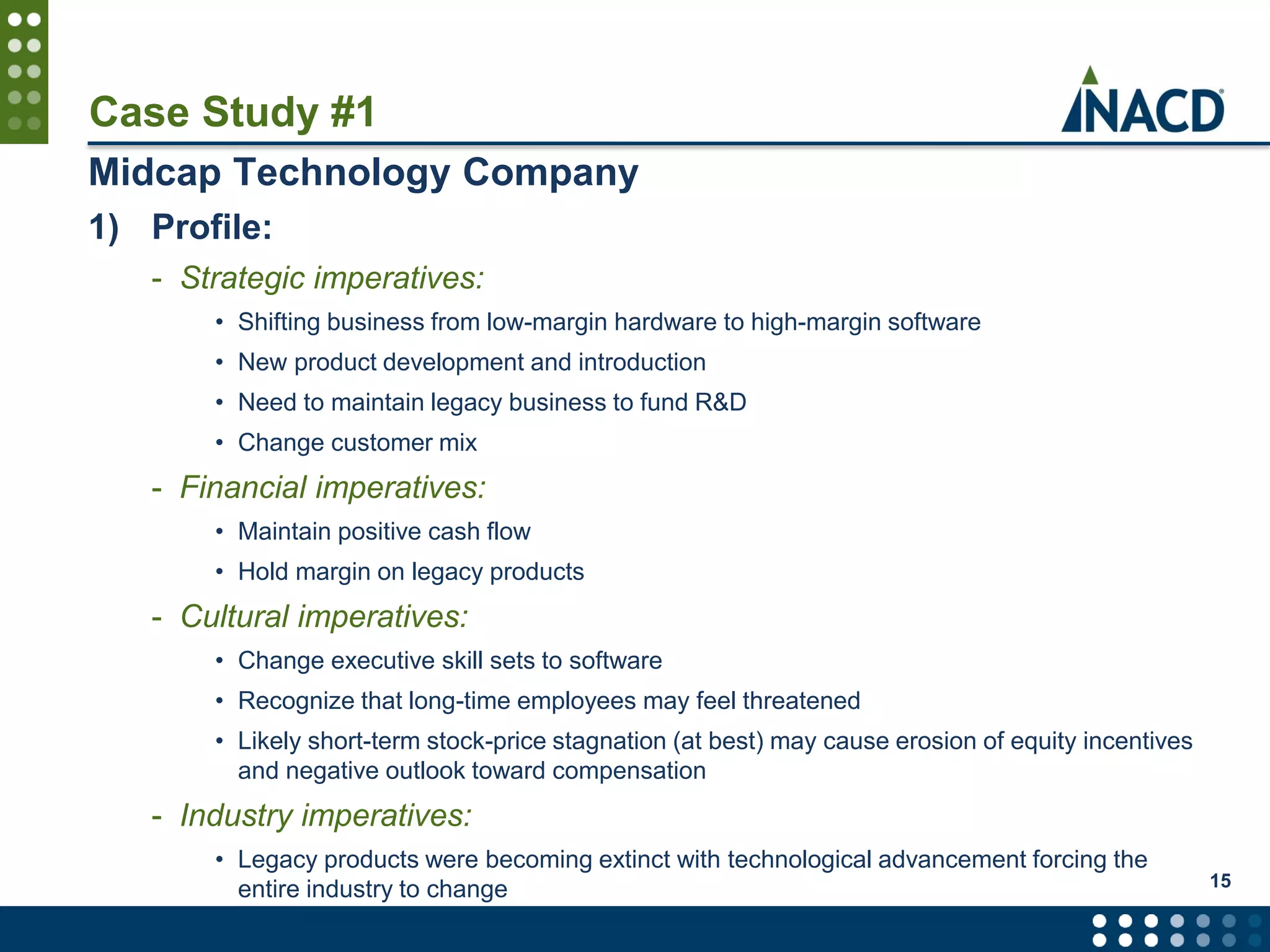 Case Study #1
Midcap Technology Company
1) Profile:
- Strategic imperatives:
• Shifting business from low-margin hardware to high-margin software
• New product development and introduction
• Need to maintain legacy business to fund R&D
• Change customer mix
- Financial imperatives:
• Maintain positive cash flow
• Hold margin on legacy products
- Cultural imperatives:
• Change executive skill sets to software
• Recognize that long-time employees may feel threatened
• Likely short-term stock-price stagnation (at best) may cause erosion of equity incentives
and negative outlook toward compensation
- Industry imperatives:
• Legacy products were becoming extinct with technological advancement forcing the
entire industry to change 15
 