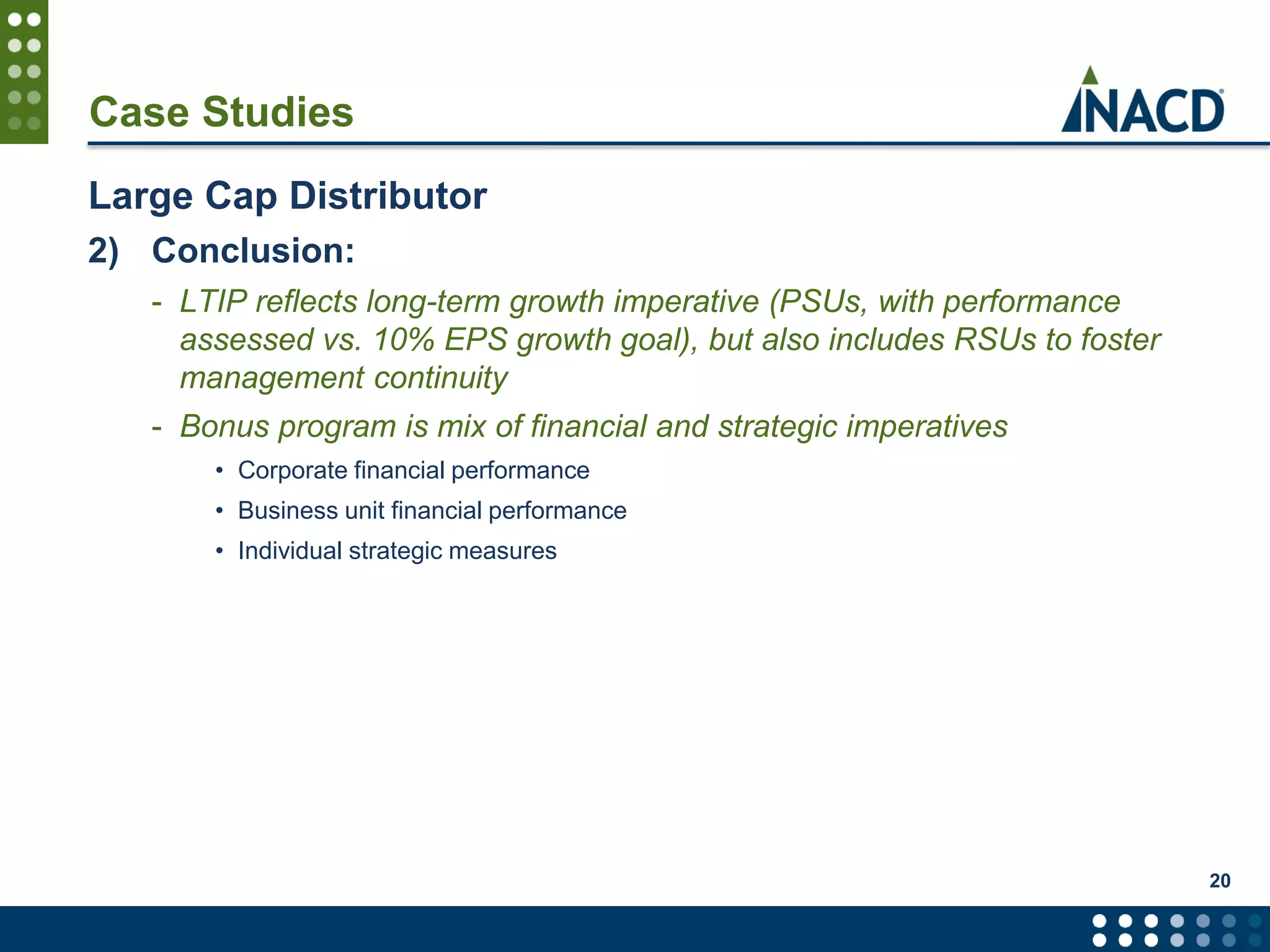 Case Studies
Large Cap Distributor
2) Conclusion:
- LTIP reflects long-term growth imperative (PSUs, with performance
assessed vs. 10% EPS growth goal), but also includes RSUs to foster
management continuity
- Bonus program is mix of financial and strategic imperatives
• Corporate financial performance
• Business unit financial performance
• Individual strategic measures
20
 