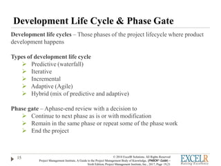 Development Life Cycle & Phase Gate
15 © 2018 ExcelR Solutions. All Rights Reserved
Project Management Institute, A Guide to the Project Management Body of Knowledge, (PMBOK® Guide) -
Sixth Edition, Project Management Institute, Inc., 2017, Page 19,21
Development life cycles – Those phases of the project lifecycle where product
development happens
Types of development life cycle
 Predictive (waterfall)
 Iterative
 Incremental
 Adaptive (Agile)
 Hybrid (mix of predictive and adaptive)
Phase gate – Aphase-end review with a decision to
 Continue to next phase as is or with modification
 Remain in the same phase or repeat some of the phase work
 End the project
 