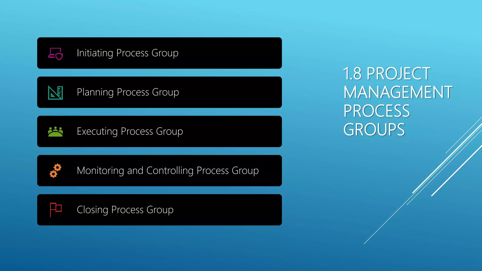 1.8 PROJECT
MANAGEMENT
PROCESS
GROUPS
Initiating Process Group
Planning Process Group
Executing Process Group
Monitoring and Controlling Process Group
Closing Process Group
 