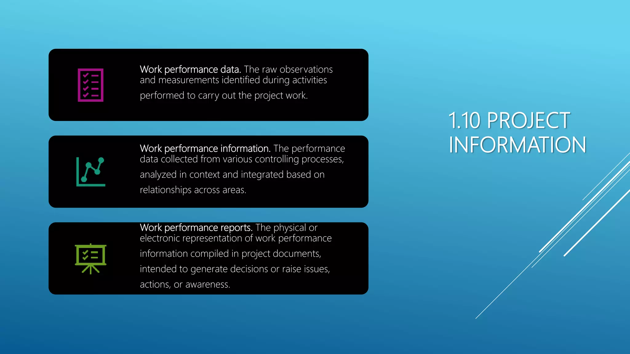 1.10 PROJECT
INFORMATION
Work performance data. The raw observations
and measurements identified during activities
performed to carry out the project work.
Work performance information. The performance
data collected from various controlling processes,
analyzed in context and integrated based on
relationships across areas.
Work performance reports. The physical or
electronic representation of work performance
information compiled in project documents,
intended to generate decisions or raise issues,
actions, or awareness.
 