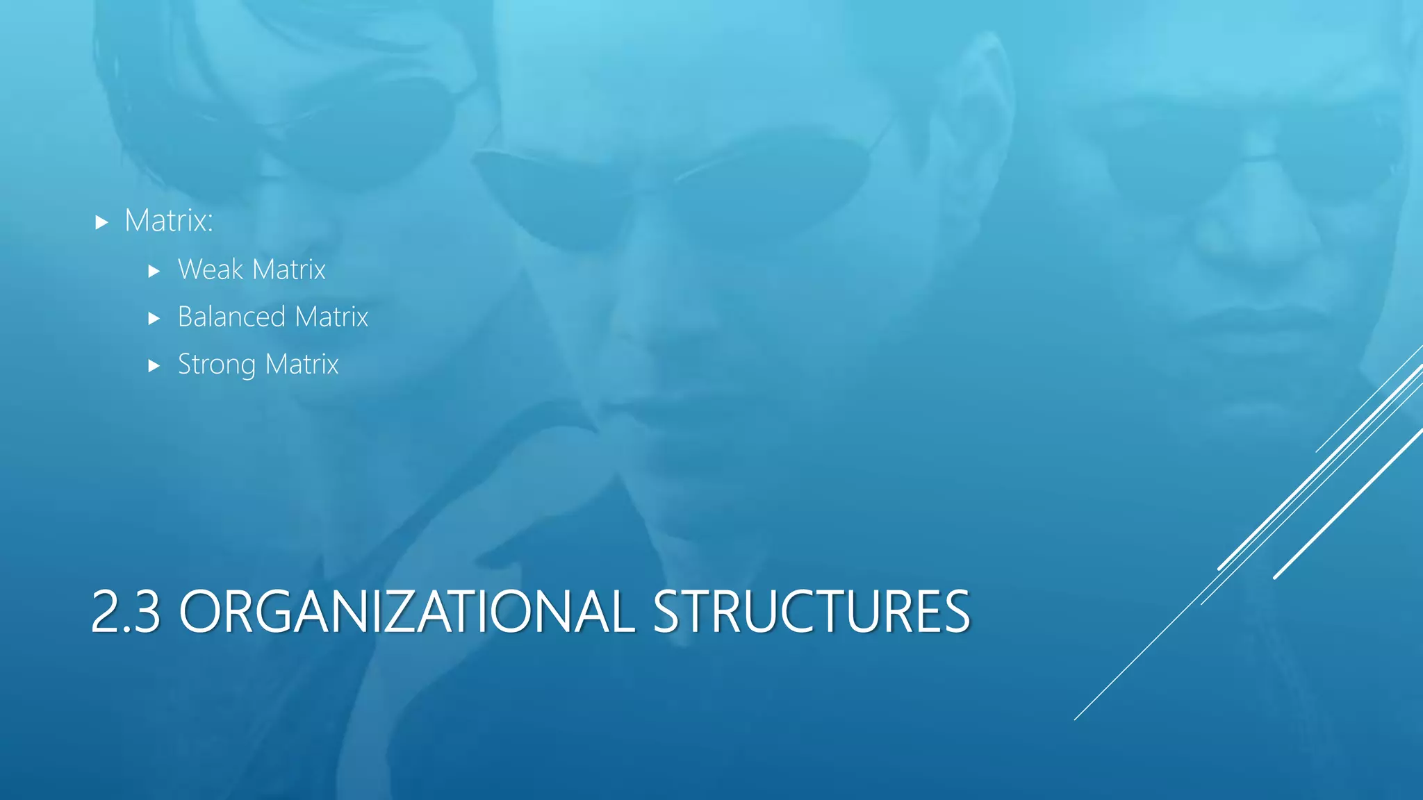 2.3 ORGANIZATIONAL STRUCTURES
 Matrix:
 Weak Matrix
 Balanced Matrix
 Strong Matrix
 