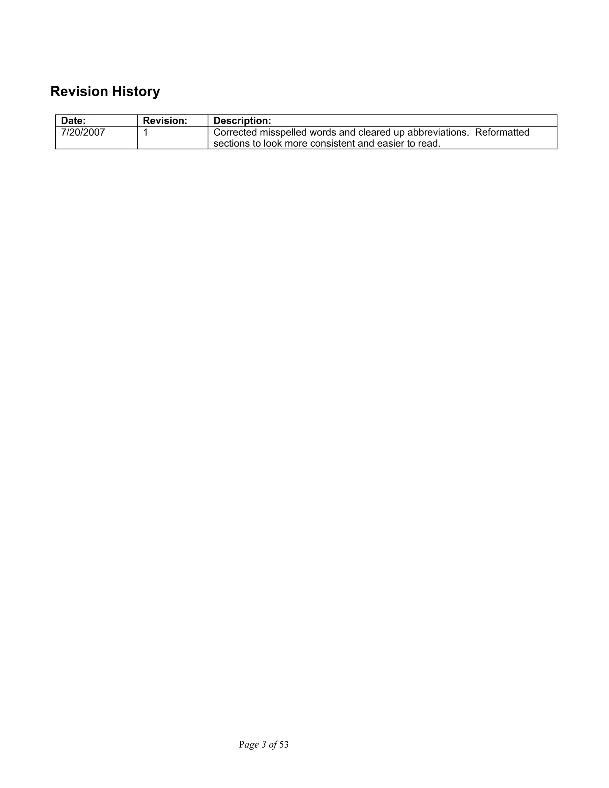 Revision History
Date: Revision: Description:
7/20/2007 1 Corrected misspelled words and cleared up abbreviations. Reformatted
sections to look more consistent and easier to read.
Page 3 of 53
 