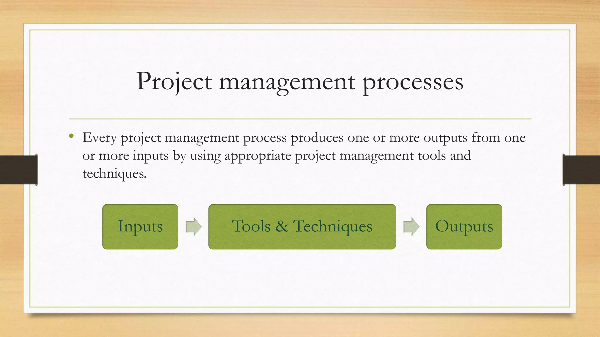 Project management processes
• Every project management process produces one or more outputs from one
or more inputs by using appropriate project management tools and
techniques.
Inputs Tools & Techniques Outputs
 