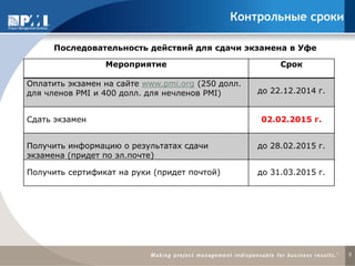 5 
Контрольные сроки 
Мероприятие 
Срок 
Оплатить экзамен на сайте www.pmi.org (250 долл. 
для членов PMI и 400 долл. для нечленов PMI) 
до 22.12.2014 г. 
Сдать экзамен 
02.02.2015 г. 
Получить информацию о результатах сдачи 
экзамена (придет по эл.почте) 
до 28.02.2015 г. 
Получить сертификат на руки (придет почтой) 
до 31.03.2015 г. 
Последовательность действий для сдачи экзамена в Уфе  