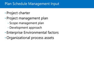 Plan Schedule Management Input
• Project charter
• Project management plan
• Scope management plan
• Development approach
• Enterprise Environmental factors
• Organizational process assets
 