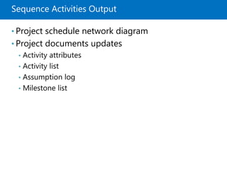 Sequence Activities Output
• Project schedule network diagram
• Project documents updates
• Activity attributes
• Activity list
• Assumption log
• Milestone list
 