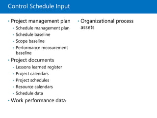 Control Schedule Input
• Project management plan
• Schedule management plan
• Schedule baseline
• Scope baseline
• Performance measurement
baseline
• Project documents
• Lessons learned register
• Project calendars
• Project schedules
• Resource calendars
• Schedule data
• Work performance data
• Organizational process
assets
 