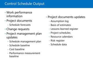 Control Schedule Output
• Work performance
information
• Project documents
• Schedule forecasts
• Change requests
• Project management plan
updates
• Schedule management plan
• Schedule baseline
• Cost baseline
• Performance measurement
baseline
• Project documents updates
• Assumption log
• Basis of estimates
• Lessons learned register
• Project schedules
• Resource calendars
• Risk register
• Schedule data
 