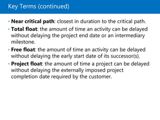 Key Terms (continued)
• Near critical path: closest in duration to the critical path.
• Total float: the amount of time an activity can be delayed
without delaying the project end date or an intermediary
milestone.
• Free float: the amount of time an activity can be delayed
without delaying the early start date of its successor(s).
• Project float: the amount of time a project can be delayed
without delaying the externally imposed project
completion date required by the customer.
 