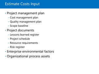 Estimate Costs Input
• Project management plan
• Cost management plan
• Quality management plan
• Scope baseline
• Project documents
• Lessons learned register
• Project schedule
• Resource requirements
• Risk register
• Enterprise environmental factors
• Organizational process assets
 