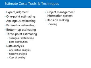 Estimate Costs Tools & Techniques
• Expert judgment
• One-point estimating
• Analogous estimating
• Parametric estimating
• Bottom-up estimating
• Three-point estimating
• Triangular distribution
• Beta distribution
• Data analysis
• Alternative analysis
• Reserve analysis
• Cost of quality
• Project management
information system
• Decision making
• Voting
 