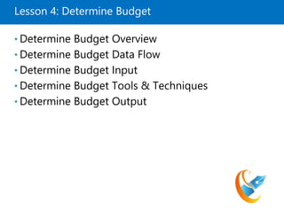 Lesson 4: Determine Budget
• Determine Budget Overview
• Determine Budget Data Flow
• Determine Budget Input
• Determine Budget Tools & Techniques
• Determine Budget Output
 
