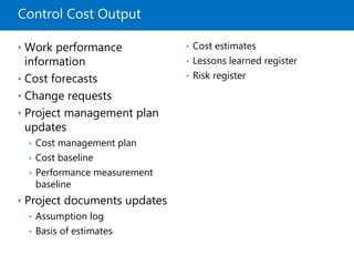 Control Cost Output
• Work performance
information
• Cost forecasts
• Change requests
• Project management plan
updates
• Cost management plan
• Cost baseline
• Performance measurement
baseline
• Project documents updates
• Assumption log
• Basis of estimates
• Cost estimates
• Lessons learned register
• Risk register
 