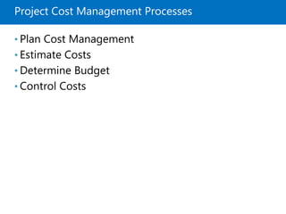 Project Cost Management Processes
• Plan Cost Management
• Estimate Costs
• Determine Budget
• Control Costs
 