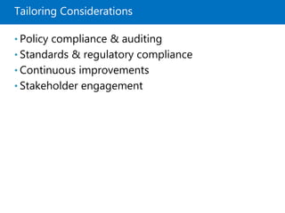 Tailoring Considerations
• Policy compliance & auditing
• Standards & regulatory compliance
• Continuous improvements
• Stakeholder engagement
 