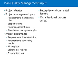 Plan Quality Management Input
• Project charter
• Project management plan
• Requirements management
plan
• Scope baseline
• Risk management plan
• Stakeholder management plan
• Project documents
• Requirements documentation
• Requirements traceability
matrix
• Risk register
• Stakeholder register
• Assumptions log
• Enterprise environmental
factors
• Organizational process
assets
 