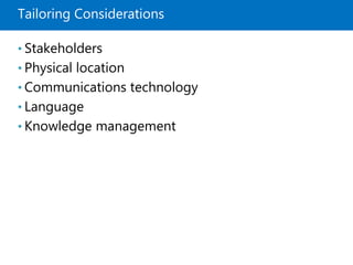 Tailoring Considerations
• Stakeholders
• Physical location
• Communications technology
• Language
• Knowledge management
 
