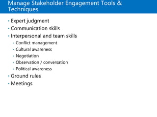 Manage Stakeholder Engagement Tools &
Techniques
• Expert judgment
• Communication skills
• Interpersonal and team skills
• Conflict management
• Cultural awareness
• Negotiation
• Observation / conversation
• Political awareness
• Ground rules
• Meetings
 