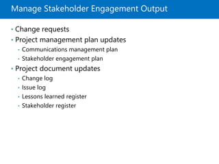 Manage Stakeholder Engagement Output
• Change requests
• Project management plan updates
• Communications management plan
• Stakeholder engagement plan
• Project document updates
• Change log
• Issue log
• Lessons learned register
• Stakeholder register
 
