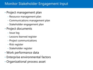Monitor Stakeholder Engagement Input
• Project management plan
• Resource management plan
• Communications management plan
• Stakeholder engagement plan
• Project documents
• Issue log
• Lessons learned register
• Project communications
• Risk register
• Stakeholder register
• Work performance data
• Enterprise environmental factors
• Organizational process asset
 