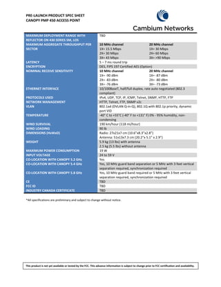 PRE-LAUNCH PRODUCT SPEC SHEET
CANOPY PMP 450 ACCESS POINT


MAXIMUM DEPLOYMENT RANGE WITH                                  TBD
REFLECTOR ON 430 SERIES SM, LOS
MAXIMUM AGGREGATE THROUGHPUT PER                               10 MHz channel                      20 MHz channel
SECTOR                                                         1X= 15.5 Mbps                       1X= 30 Mbps
                                                               2X= 30 Mbps                         2X= 60 Mbps
                                                               3X= 43 Mbps                         3X= >90 Mbps
LATENCY                                                        5 – 7 ms round trip
ENCRYPTION                                                     DES, FIPS 197 Certified AES (Option)
NOMINAL RECEIVE SENSITIVITY                                    10 MHz channel                      20 MHz channel
                                                               1X= -90 dBm                         1X= -87 dBm
                                                               2X= -83 dBm                         2X= -80 dBm
                                                               3X= -76 dBm                         3X= -73 dBm
ETHERNET INTERFACE                                             10/100BaseT, half/full duplex, rate auto negotiated (802.3
                                                               compliant)
PROTOCOLS USED                                                 IPv4, UDP, TCP, IP, ICMP, Telnet, SNMP, HTTP, FTP
NETWORK MANAGEMENT                                             HTTP, Telnet, FTP, SNMP v2c
VLAN                                                           802.1ad (DVLAN Q-in-Q), 802.1Q with 802.1p priority, dynamic
                                                               port VID
TEMPERATURE                                                    -40° C to +55°C (-40° F to +131° F) 0% - 95% humidity, non-
                                                               condensing
WIND SURVIVAL                                                  190 km/hour (118 mi/hour)
WIND LOADING                                                   90 lb
DIMENSIONS (HxWxD)                                             Radio: 27x21x7 cm (10.6”x8.3”x2.8”)
                                                               Antenna: 51x13x7.3 cm (20.2”x 5.1” x 2.9”)
WEIGHT                                                         5.9 kg (13 lbs) with antenna
                                                               2.5 kg (5.5 lbs) without antenna
MAXIMUM POWER CONSUMPTION                                      19 W
INPUT VOLTAGE                                                  24 to 59 V
CO-LOCATION WITH CANOPY 5.2 GHz                                Yes
CO-LOCATION WITH CANOPY 5.4 GHz                                Yes, 10 MHz guard band separation or 5 MHz with 3 feet vertical
                                                               separation required, synchronization required
CO-LOCATION WITH CANOPY 5.8 GHz                                Yes, 10 MHz guard band required or 5 MHz with 3 feet vertical
                                                               separation required, synchronization required
CE                                                             TBD
FCC ID                                                         TBD
INDUSTRY CANADA CERTIFICATE                                    TBD

*All specifications are preliminary and subject to change without notice.




This product is not yet available or tested by the FCC. This advance information is subject to change prior to FCC certification and availability.
 