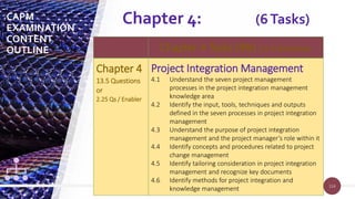 114
114
Chapter 4 Tasks (9%) 13.5 Questions
Chapter 4
13.5 Questions
or
2.25 Qs / Enabler
Project Integration Management
4.1 Understand the seven project management
processes in the project integration management
knowledge area
4.2 Identify the input, tools, techniques and outputs
defined in the seven processes in project integration
management
4.3 Understand the purpose of project integration
management and the project manager’s role within it
4.4 Identify concepts and procedures related to project
change management
4.5 Identify tailoring consideration in project integration
management and recognize key documents
4.6 Identify methods for project integration and
knowledge management
Chapter 4: (6Tasks)
CAPM
EXAMINATION
CONTENT
OUTLINE
 