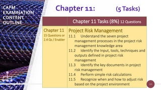 121
121
Chapter 11 Tasks (8%) 12 Questions
Chapter 11
15 Questions or
2.4 Qs / Enabler
Project Risk Management
11.1 Understand the seven project
management processes in the project risk
management knowledge area
11.2 Identify the Input, tools, techniques and
outputs defined in project risk
management
11.3 Identify the key documents in project
risk management
11.4 Perform simple risk calculations
11.5 Recognize when and how to adjust risk
based on the project environment
Chapter 11: (5Tasks)
CAPM
EXAMINATION
CONTENT
OUTLINE
 