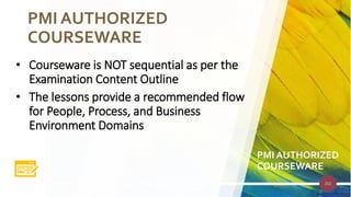 202
• Courseware is NOT sequential as per the
Examination Content Outline
• The lessons provide a recommended flow
for People, Process, and Business
Environment Domains
PMI AUTHORIZED
COURSEWARE
PMI AUTHORIZED
COURSEWARE
 