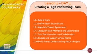 203
PMI AUTHORIZED
COURSEWARE
203
Lesson 1 – DAY 1
Creating a High PerformingTeam
1.6. Build a Team
1.12 Define Team Ground Rules
1.8. Negotiate Project Agreements
1.4. Empower Team Members and Stakeholders
1.5. Train Team Members and Stakeholders
1.11 Engage and Support Virtual Teams
1.10 Build Shared Understanding about a Project
 