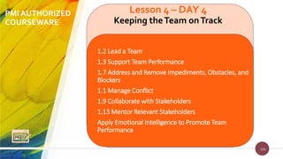 209
PMI AUTHORIZED
COURSEWARE
209
Lesson 4 – DAY 4
Keeping theTeam onTrack
1.2 Lead a Team
1.3 Support Team Performance
1.7 Address and Remove Impediments, Obstacles, and
Blockers
1.1 Manage Conflict
1.9 Collaborate with Stakeholders
1.13 Mentor Relevant Stakeholders
Apply Emotional Intelligence to Promote Team
Performance
 