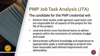 34
34
The candidate for the PMP credential will:
• Perform their duties under general supervision and
are responsible for all aspects of the project for the
life of the project.
• Lead and direct cross-functional teams to deliver
projects within the constraints of schedule, budget
and scope.
• Demonstrate sufficient knowledge and experience to
appropriately apply a methodology to projects that
have reasonably well-defined requirements and
deliverables.
PMP JobTask Analysis (JTA)
 
