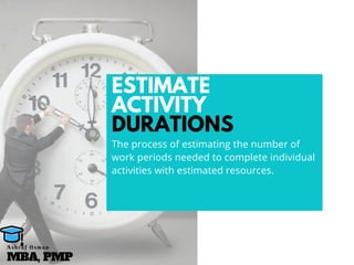 ESTIMATE
ACTIVITY
DURATIONS
The process of estimating the number of
work periods needed to complete individual
activities with estimated resources.
MBA, PMP
A s h r a f O s m a n
 