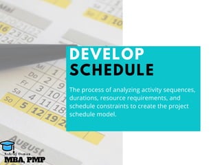 DEVELOP
SCHEDULE
The process of analyzing activity sequences,
durations, resource requirements, and
schedule constraints to create the project
schedule model.
MBA, PMP
A s h r a f O s m a n
 
