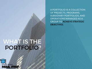WHAT IS THE 
PORTFOLIO?
A PORTFOLIO IS A COLLECTION
OF PROJECTS, PROGRAMS,
SUBSIDIARY PORTFOLIOS, AND
OPERATIONS MANAGED AS A
GROUP TO ACHIEVE STRATEGIC
OBJECTIVES.
MBA, PMP
A s h r a f O s m a n
 