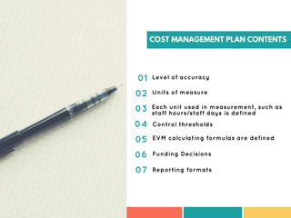 COST MANAGEMENT PLAN CONTENTS
Level of accuracy
Units of measure
Each unit used in measurement, such as
staff hours/staff days is defined
Control thresholds
EVM calculating formulas are defined
Funding Decisions
Reporting formats
01
02
03
04
05
06
07
 