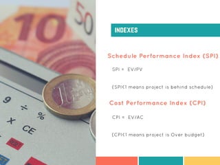indexes
Schedule Performance Index (SPI)
SPI = EV/PV
(SPI<1 means project is behind schedule)
CPI = EV/AC
(CPI<1 means project is Over budget)
Cost Performance Index (CPI)
 