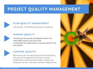 PROJECT QUALITY MANAGEMENT
PLAN QUALITY MANAGEMENT
The process of identifying quality or standards
MANAGE QUALITY
Translating the quality management plan into
executable quality activities that
incorporate the organization’s quality policies into
the project.
CONTROL QUALITY
Monitoring and recording the results of executing
the quality management activities to assess
performance and ensure the project outputs are
complete, correct, and meet customer expectations.
By: Ashraf Osman,MBA, PMP
 