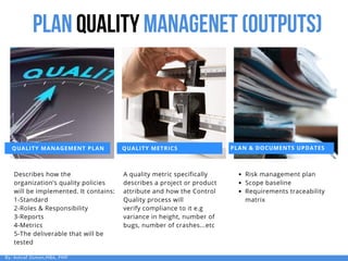 QUALITY MANAGEMENT PLAN QUALITY METRICS PLAN & DOCUMENTS UPDATES
Describes how the
organization’s quality policies
will be implemented. It contains:
1-Standard
2-Roles & Responsibility
3-Reports
4-Metrics
5-The deliverable that will be
tested
A quality metric specifically
describes a project or product
attribute and how the Control
Quality process will
verify compliance to it e.g
variance in height, number of
bugs, number of crashes...etc
Risk management plan
Scope baseline
Requirements traceability
matrix
planqualitymanagenet(outputs)
By: Ashraf Osman,MBA, PMP
 