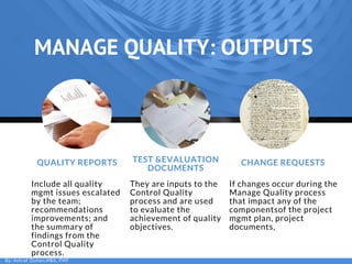 MANAGE QUALITY: OUTPUTS
EASTWAY UNIVERSITY
OF SOCIAL SCIENCES WWW.EUSS.EDU
QUALITY REPORTS
Include all quality
mgmt issues escalated
by the team;
recommendations
improvements; and
the summary of
findings from the
Control Quality
process.
If changes occur during the
Manage Quality process
that impact any of the
componentsof the project
mgmt plan, project
documents, 
They are inputs to the
Control Quality
process and are used
to evaluate the
achievement of quality
objectives.
TEST &EVALUATION
DOCUMENTS
VLOGGER
CHANGE REQUESTS
By: Ashraf Osman,MBA, PMP
 