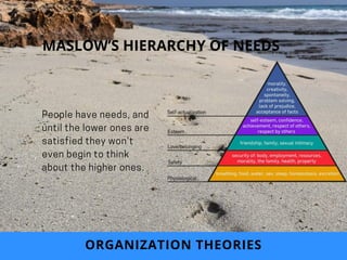 People have needs, and
until the lower ones are
satisfied they won’t
even begin to think
about the higher ones.
ORGANIZATION THEORIES
MASLOW’S HIERARCHY OF NEEDS
 