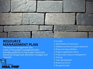 Theresourcemanagementplan,
apartoftheprojectmanagementplan,
providesguidanceonhowprojectresources
shouldbecategorized,allocated,managed,and
released.
Itincludes:
1. Identificationofresources
2. Guidanceonhowtoacquire resources
3. Rolesandresponsibilities
4. Projectorganizationcharts
5. Projectteamresourcemanagement
6. Training
7. Teamdevelopment
8. Resourcecontrol
9. Recognitionplan
RESOURCE
MANAGEMENT PLAN
MBA, PMP
A s h r a f O s m a n
 