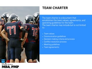 Theteamcharterisadocumentthat
establishestheteamvalues,agreements,and
operatingguidelinesfortheteam.
Theteamchartermayincludebutisnotlimited
to:
Teamvalues
Communicationguidelines
Decision-makingcriteriaandprocess
Conflictresolutionprocess
Meetingguidelines
Teamagreements
MBA, PMP
A s h r a f O s m a n
TEAM CHARTER
 