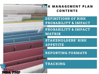 DEFINITIONS OF RISK
PROBABILITY & IMPACT
METHODOLOGY
PROBABILITY & IMPACT
MATRIX
METHODOLOGY
STAKEHOLDERS’ RISK
APPETITE
METHODOLOGYREPORTING FORMATS
TRACKING
R I S K M A N A G E M E N T P L A N
C O N T E N T S
MBA, PMP
A s h r a f O s m a n
 